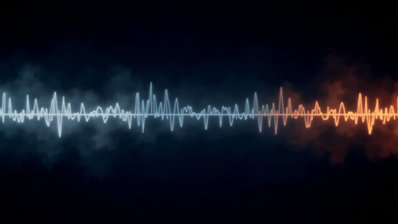 Abstract waveform audio visualization comparing two different sound profiles, with soft glowing lines in blue and orange on a dark background