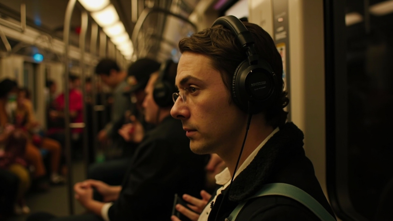 Person wearing ANC over-ear headphones during a subway commute showing real-world noise cancellation use