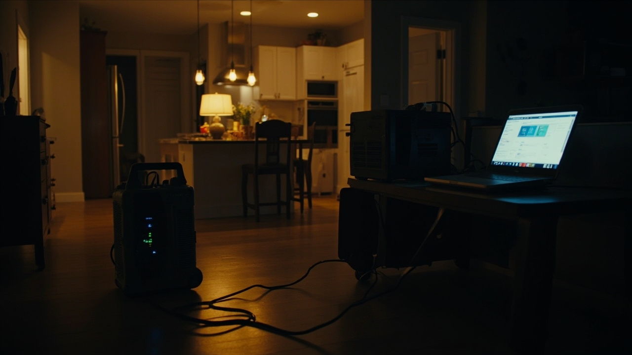 Two portable power stations powering a kitchen and living room during a blackout: Anker SOLIX F3800 running a refrigerator and lamp on one side, Bluetti AC300 + B300 running a laptop and router on the other side in a dimly lit modern home