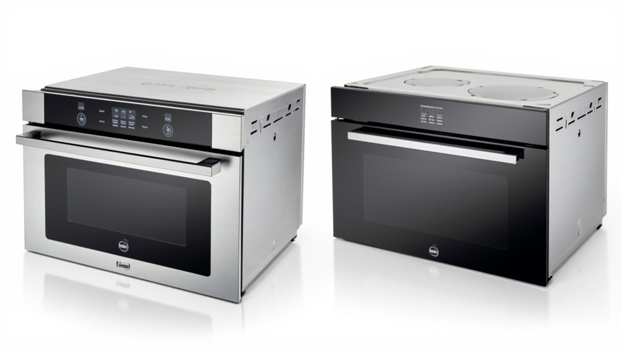 Side view: Anova's deeper, more conventional countertop oven body next to the shorter, more compact Brava body with its glass tray visible through the door window