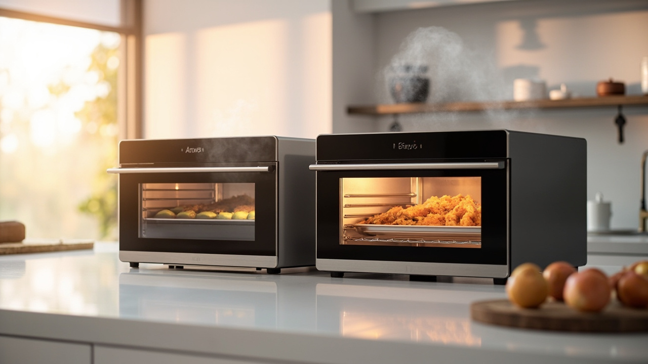 Anova Precision Oven 2.0 in stainless steel next to a Brava Glass Oven on a kitchen counter, warm natural light from a side window