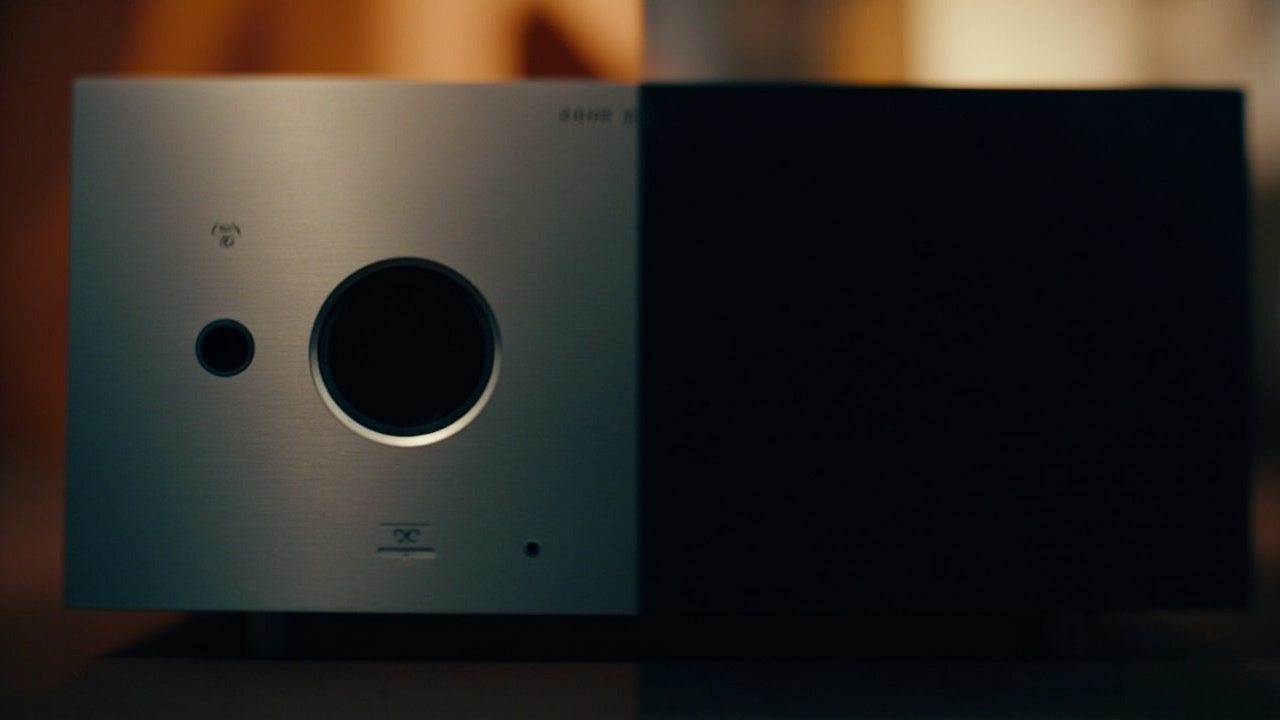 Split-screen comparison of Anthem MRX 1140 8K and Marantz Cinema 30 front panels, warm studio lighting, no text, no logos emphasized