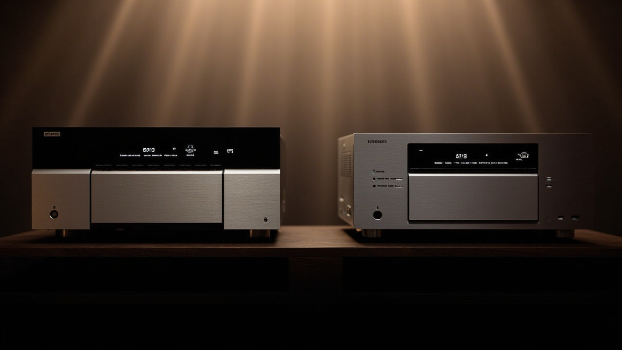 Front panel and rear-panel comparison: Anthem MRX 1140 8K on the left (cleaner front, simpler button layout) vs Yamaha RX-A8A on the right (motorized flip-down door, more front-panel buttons)
