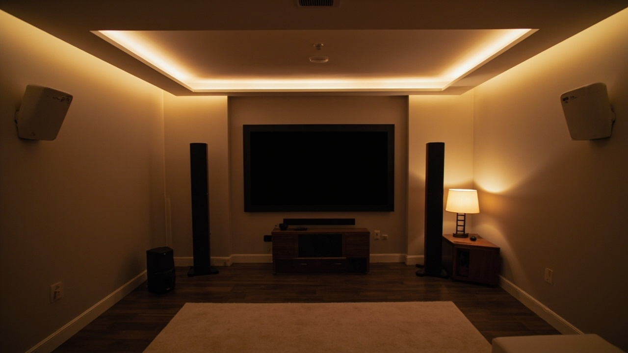 Lifestyle scene: living room home theater with either Anthem or Yamaha as the central component, speakers arranged in 7.2.4 Dolby Atmos configuration, modern interior aesthetic, soft warm lighting