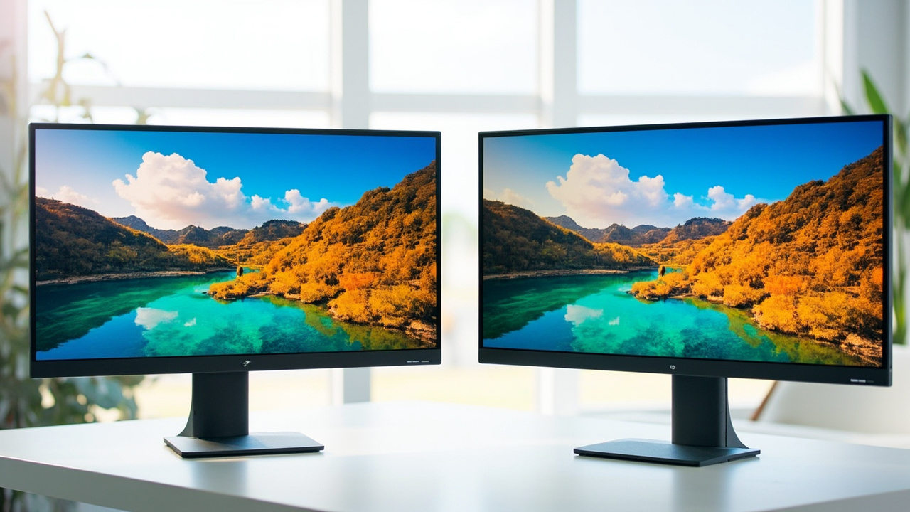 A close-up of a 27-inch 5K Apple display and a 32-inch 4K BenQ display mounted side by side on a sit-stand desk, both showing the same reference photo of a colorful landscape, illustrating the difference in ppi and screen real estate