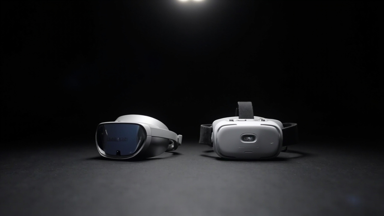 Apple Vision Pro M5 and Meta Quest 3 placed side by side on a modern desk with soft daylight