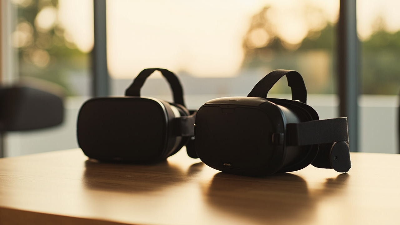Two mixed-reality headsets resting side by side on a modern wooden table near a window, soft daylight, one slightly larger and one slightly smaller, product photography style with shallow depth of field, no text or labels
