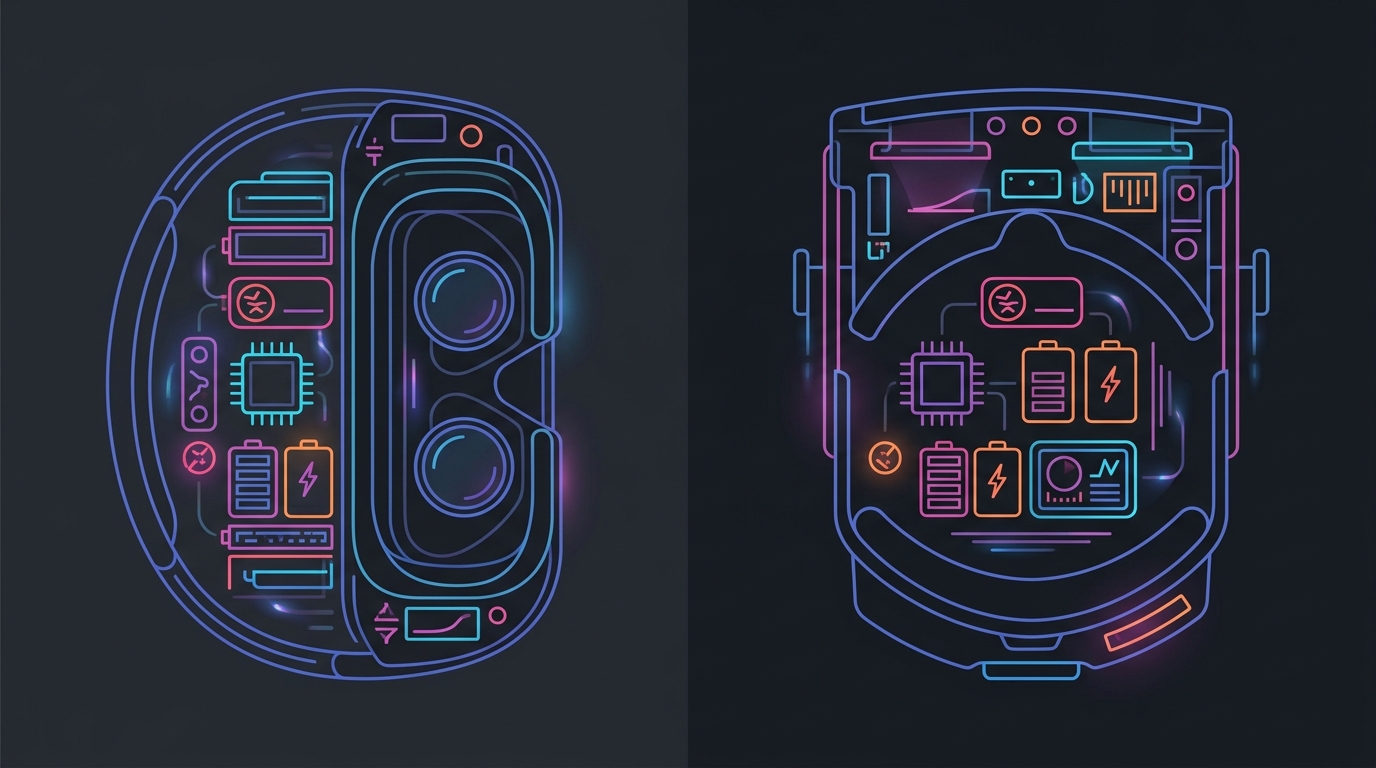 Side-by-side cross-section diagram of the two headsets, highlighting chipset, display, sensors, and battery layout, minimal line-art illustration on a dark background