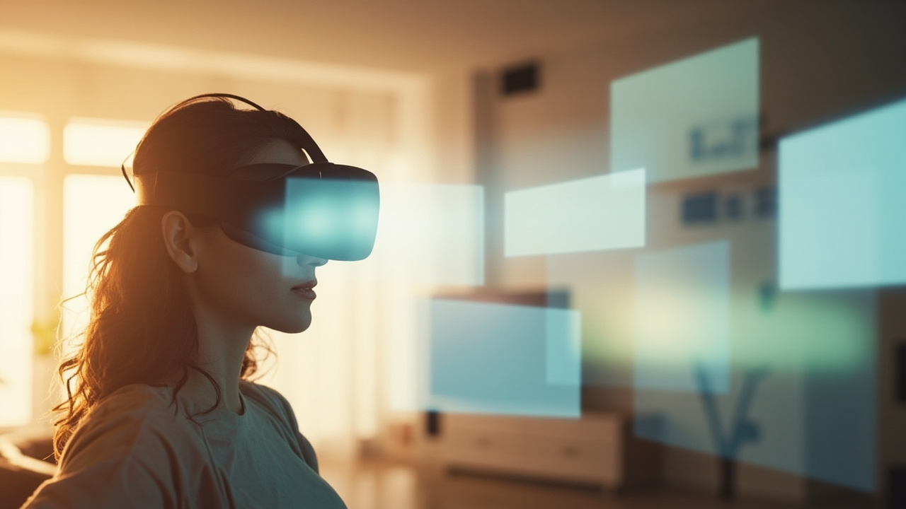 Abstract person wearing a sleek modern mixed reality headset in a softly lit minimalist living room, virtual screens floating in mid-air, no text or numbers visible