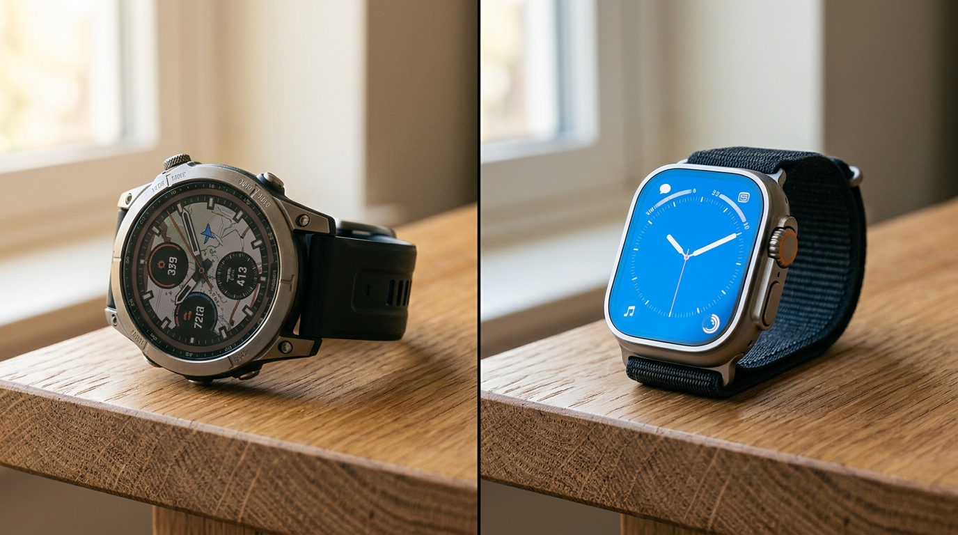 Apple Watch Ultra 3 and COROS Vertix 2S side by side on a wooden surface
