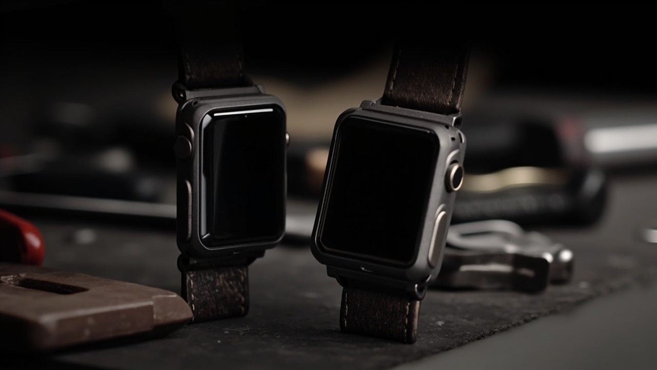 Two watches on their sides showing titanium case profiles, side buttons, and crowns on a workshop surface