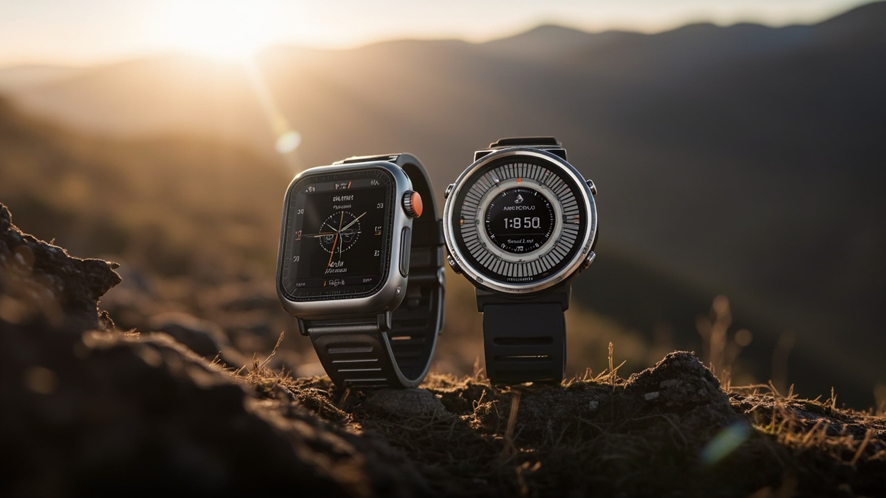 Apple Watch Ultra 3 next to Suunto Vertical 2 Titanium on a wooden hiking trail marker
