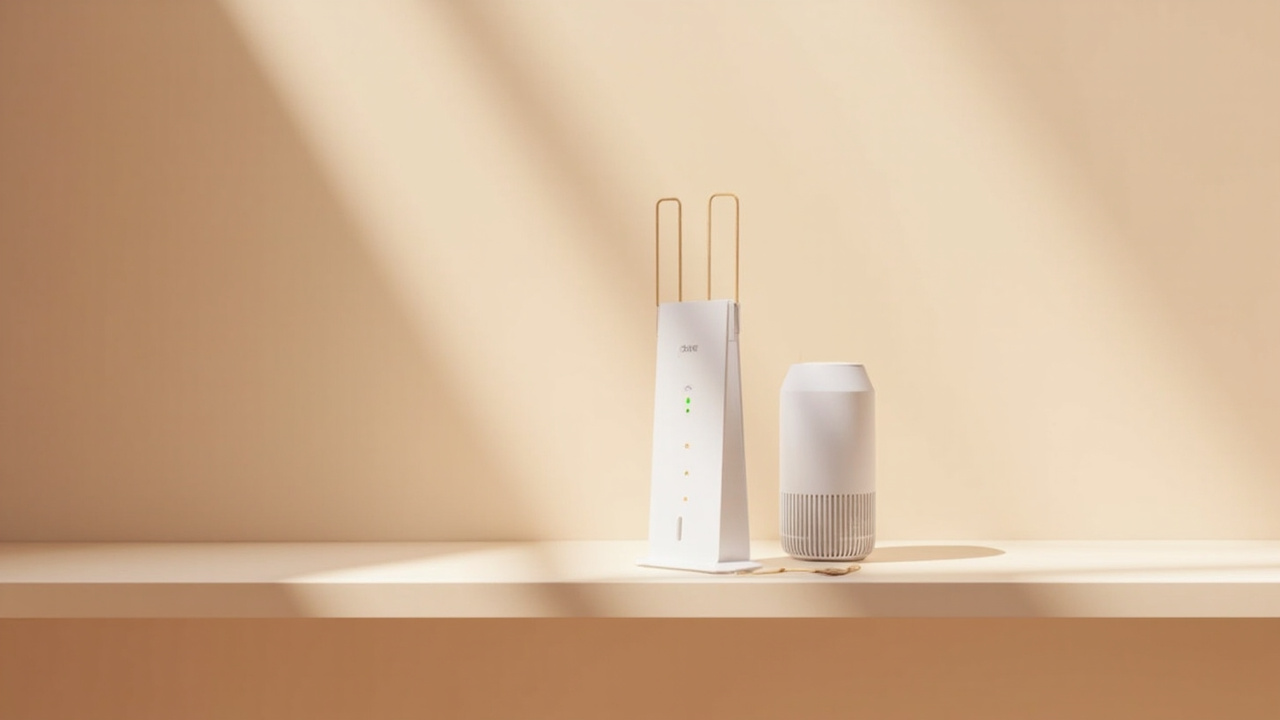 Two Wi-Fi 7 mesh nodes placed on a clean modern shelf, one tall angular tower and one sleek cylindrical unit, soft warm studio lighting, no text or logos visible