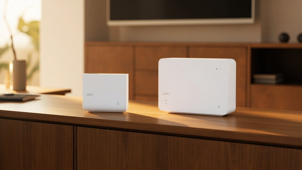 Wi-Fi 7 mesh router units placed on a wooden media console in a modern living room, soft warm lighting, no text or logos visible
