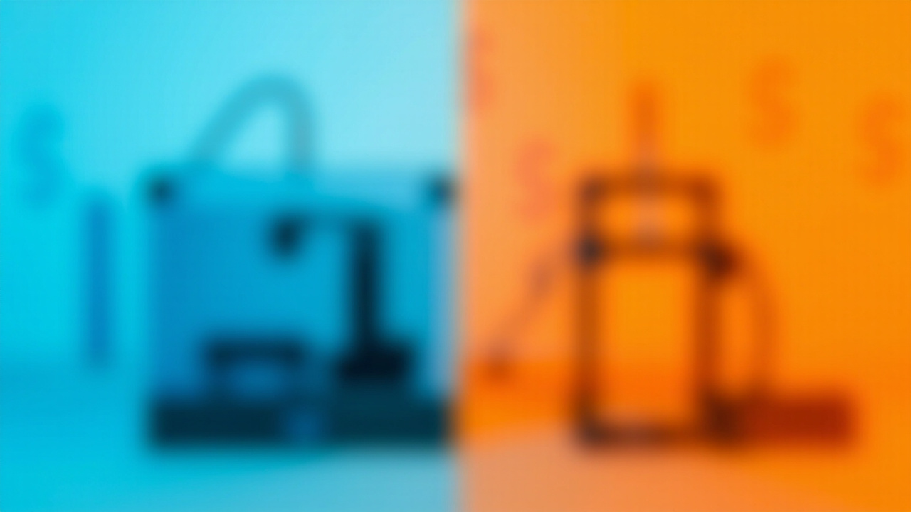 Editorial split-screen composition showing two large-format 3D printers on a neutral maker workbench, one with a glowing internal chamber and dual nozzles visible through a transparent door, the other with a multi-spool filament tower beside it, soft warm studio lighting, no text or numbers visible in the image