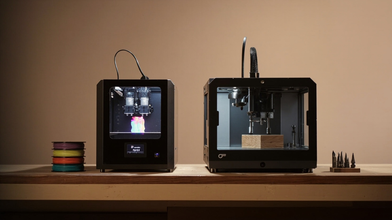 Two 3-in-1 desktop manufacturing machines on a workshop workbench, the left machine showing a glowing enclosed chamber with dual nozzles actively printing a colorful part, the right machine showing a larger enclosed frame with a CNC spindle toolhead carving a hardwood workpiece, soft warm studio lighting, no text or numbers visible