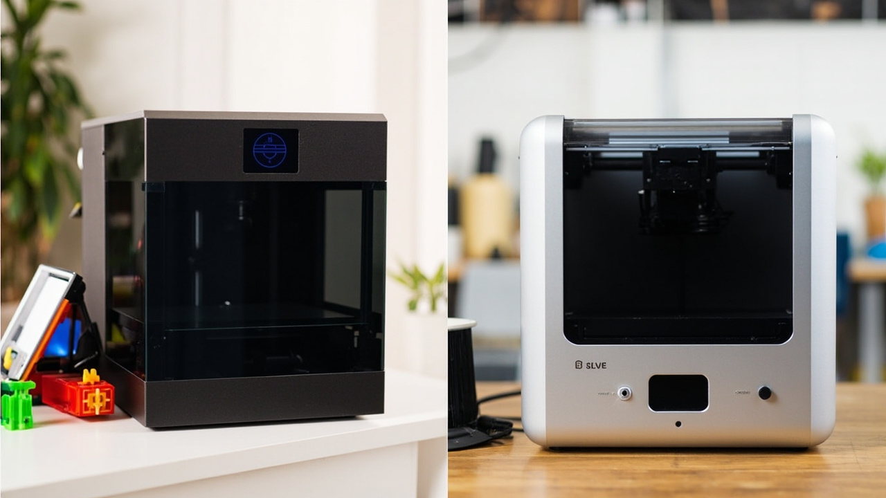 Two enclosed CoreXY 3D printers side by side on workbenches, one compact and modern in black, one larger with an aluminum frame and accessory unit next to it