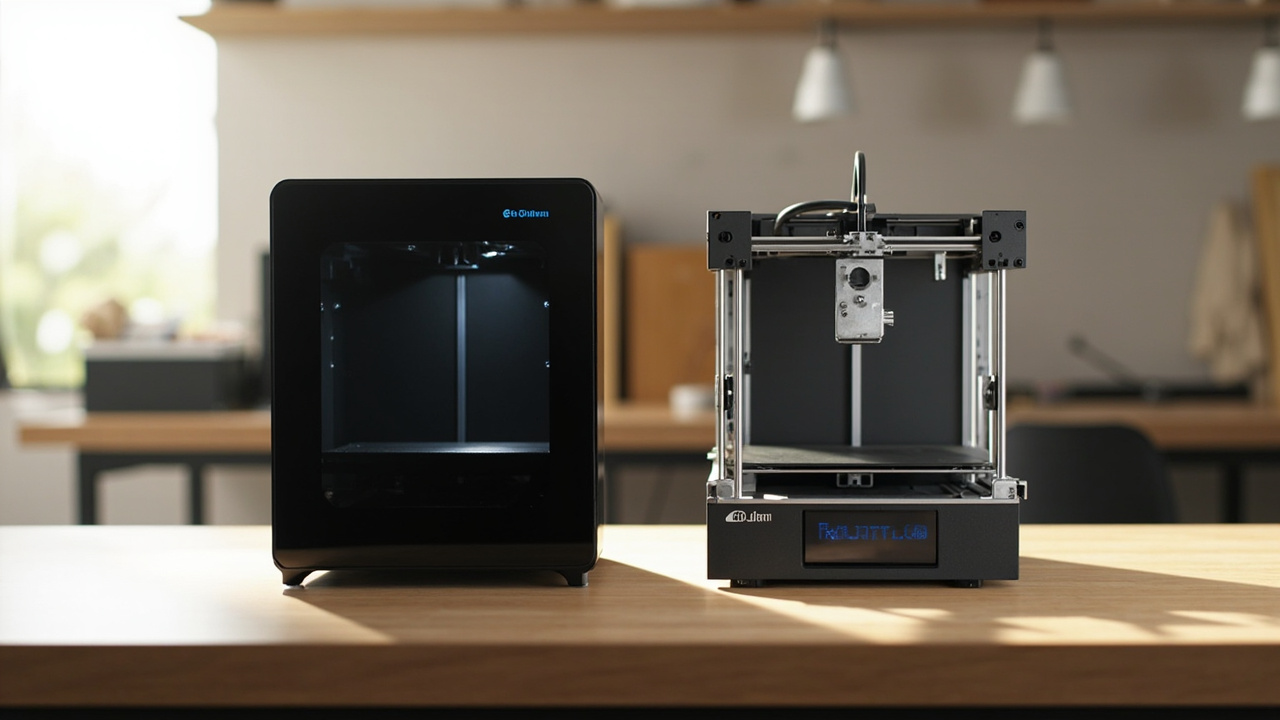 Two mid-range 3D printers side by side on a workshop bench, one compact enclosed CoreXY in black, one open-frame bed-slinger with aluminum extrusions, soft natural light, no text, no logos emphasized