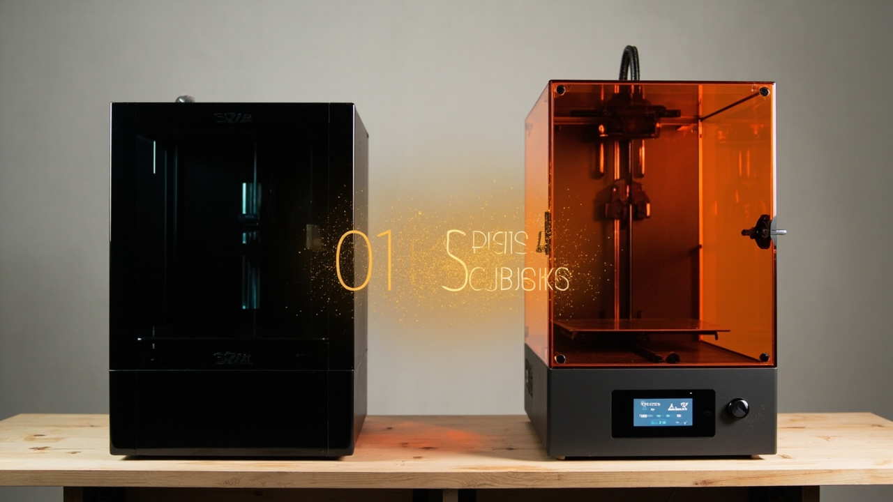 Side-by-side infographic of a sleek black enclosed 3D printer next to an open-frame orange printer, with a dollar-sign cost-per-hour calculator overlay floating between them, clean editorial style, no text or numbers visible in the image