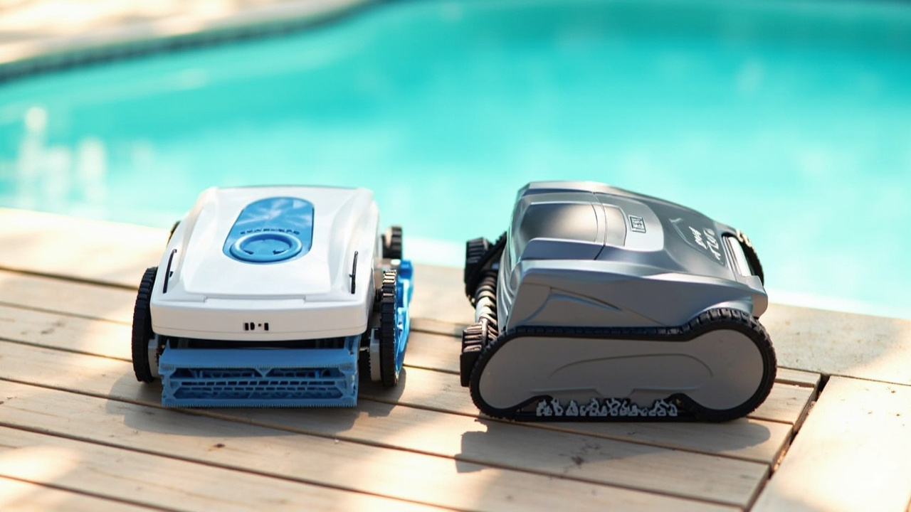 Two premium cordless pool robots docked side by side next to a modern in-ground pool, soft afternoon light