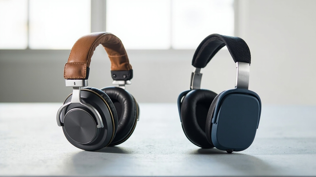 Beoplay H100 and AirPods Max 2 displayed side by side on a neutral surface with soft window light