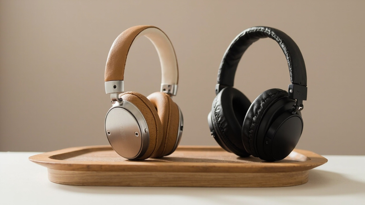 Side-by-side product shot: B&O H100 in Hourglass Sand on the left, B&W Px8 S2 in Onyx Black on the right, both on a wood tray with neutral background