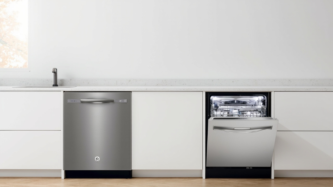 Bosch 800 Series SHPM88Z75N and Miele G7000 placed side by side on a clean kitchen counter, side-by-side product comparison shot, soft daylight
