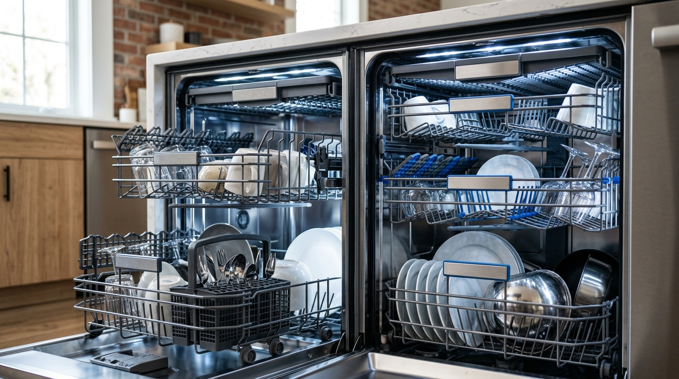 Build quality side-by-side: open Bosch 800 and Miele G7000 showing rack glide, interior light, third rack design