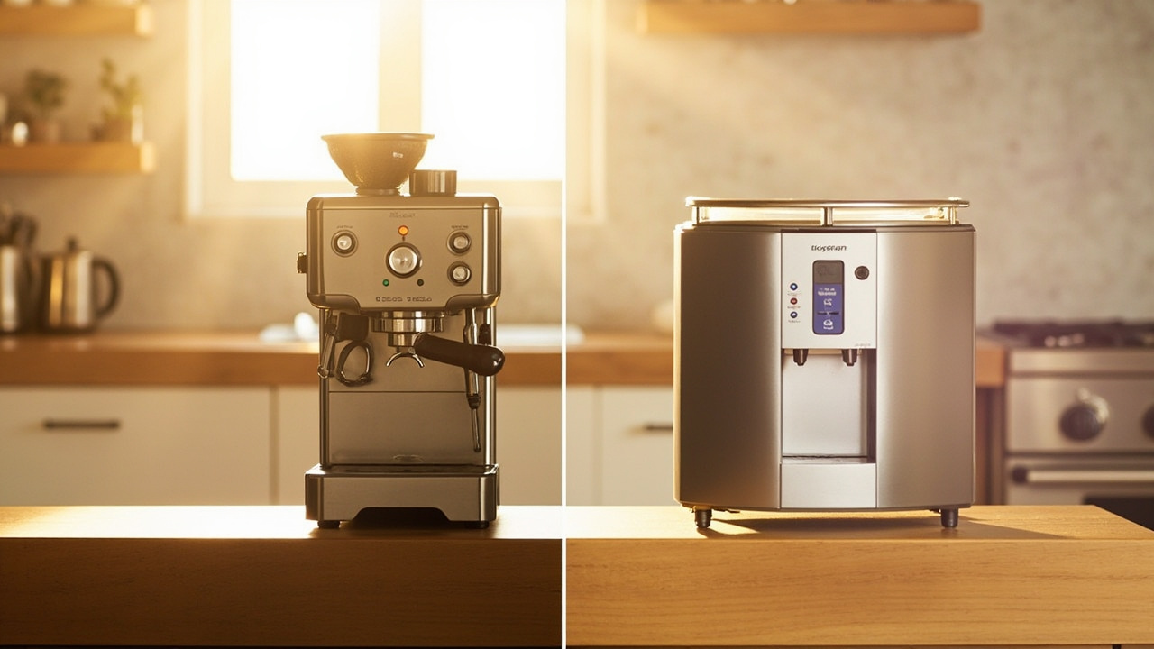 Breville Oracle Jet (left) and Jura E8 (right) side by side on a wood kitchen counter, both filled with morning light