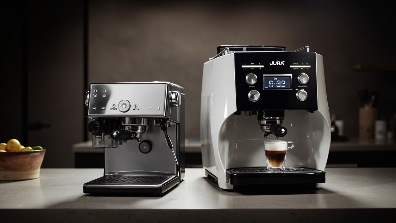 Side-by-side: Breville Oracle Jet stainless steel on the left, Jura Z10 Piano Black touchscreen on the right