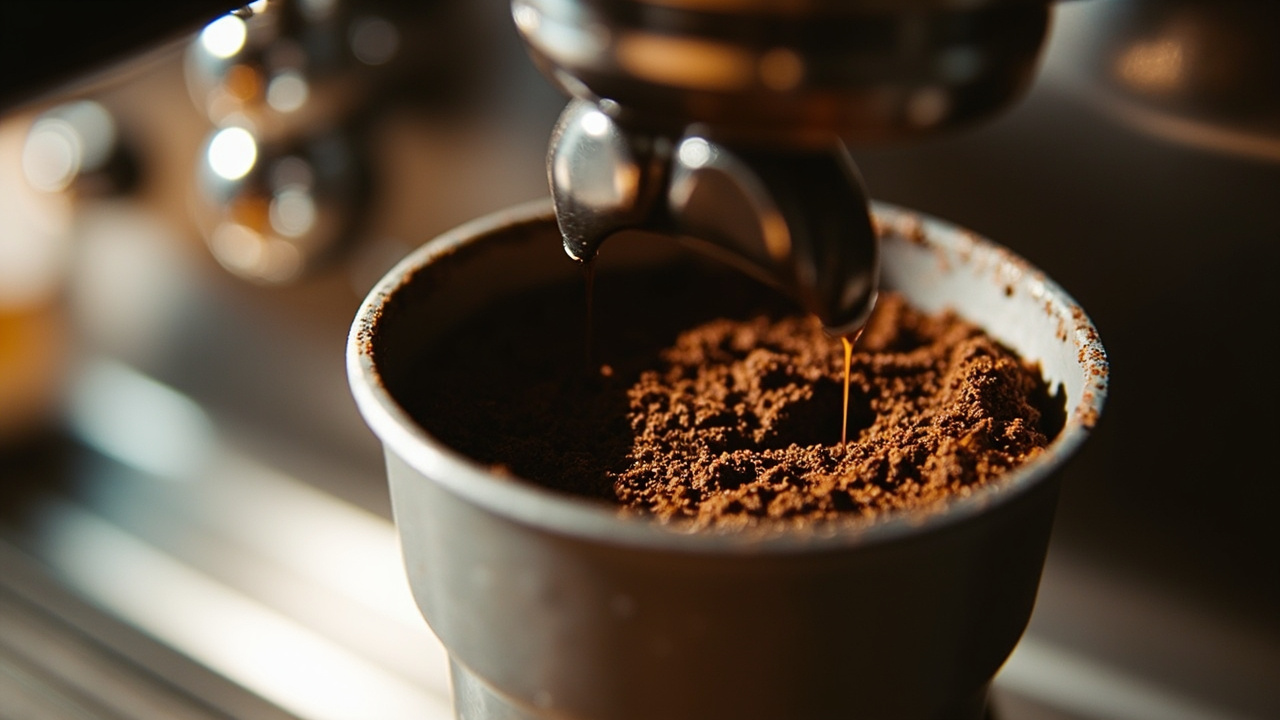 Close-up of portafilter with freshly ground coffee and metal tamper on a stainless steel surface