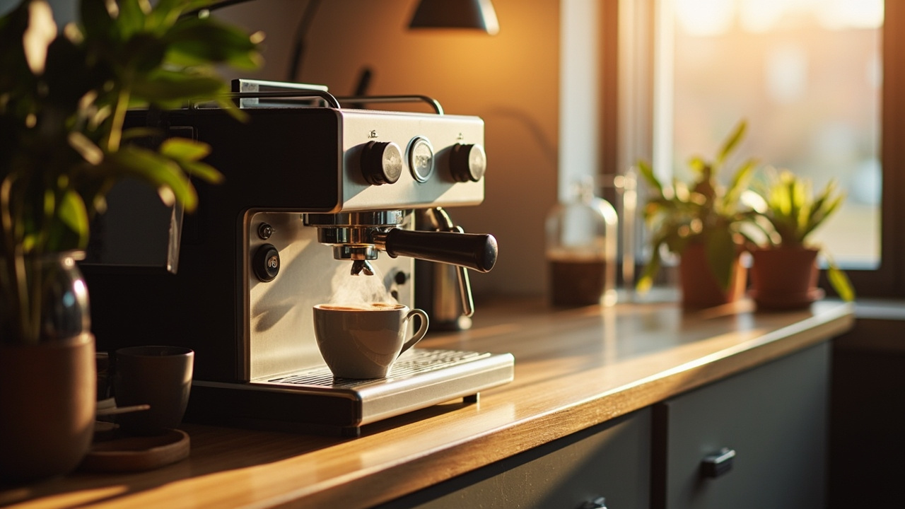 Lifestyle scene of a home barista corner with a premium espresso machine and steaming latte