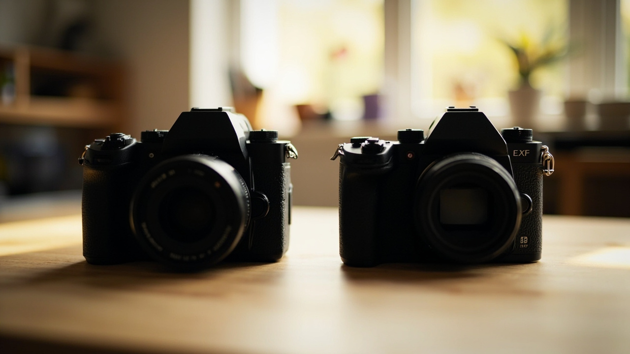 Canon EOS R6 Mark III and Sony A7 V placed side by side on a wooden studio table, soft north-facing daylight, side-by-side camera body comparison shot