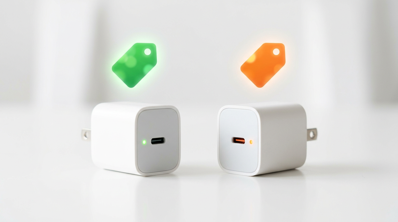 Price tag comparison, two charging adapters with price labels
