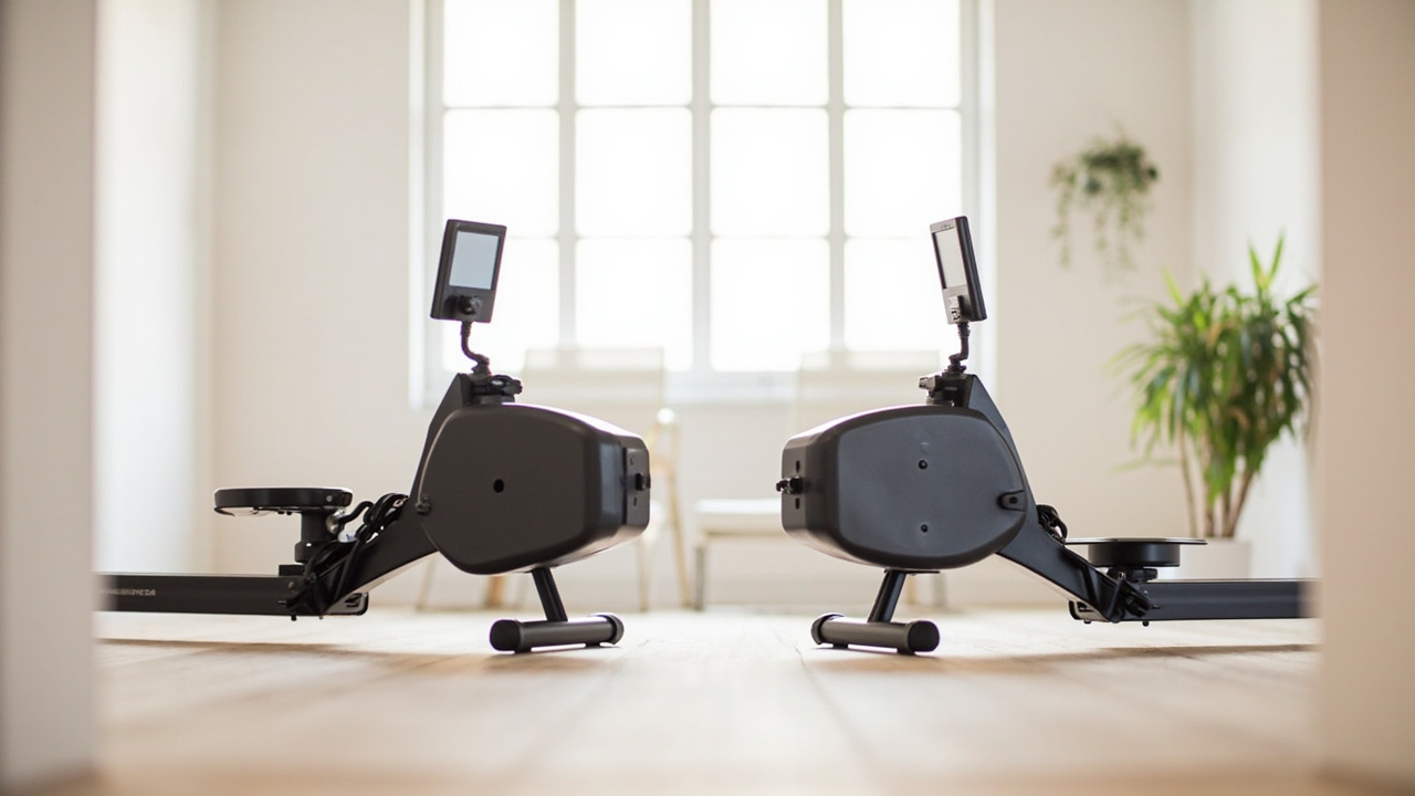 Concept2 RowErg on the left and Hydrow Wave on the right, both positioned in a bright home gym, shot at a low three-quarter angle to compare footprint and form factor
