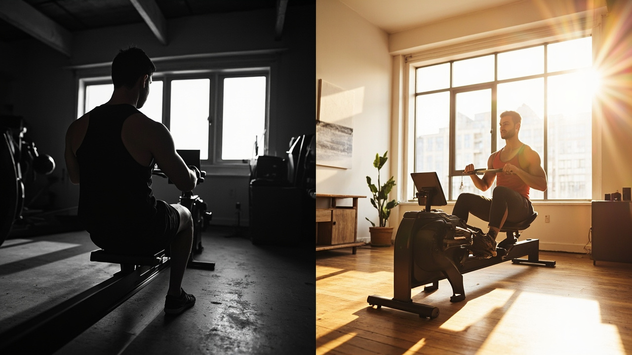 User scenario visualization: a serious CrossFit athlete on a Concept2 RowErg with a heart-rate strap and stopwatch versus a class-driven user on a Hydrow Wave following an on-demand scenic row on the 16-inch HD touchscreen in a sunlit apartment