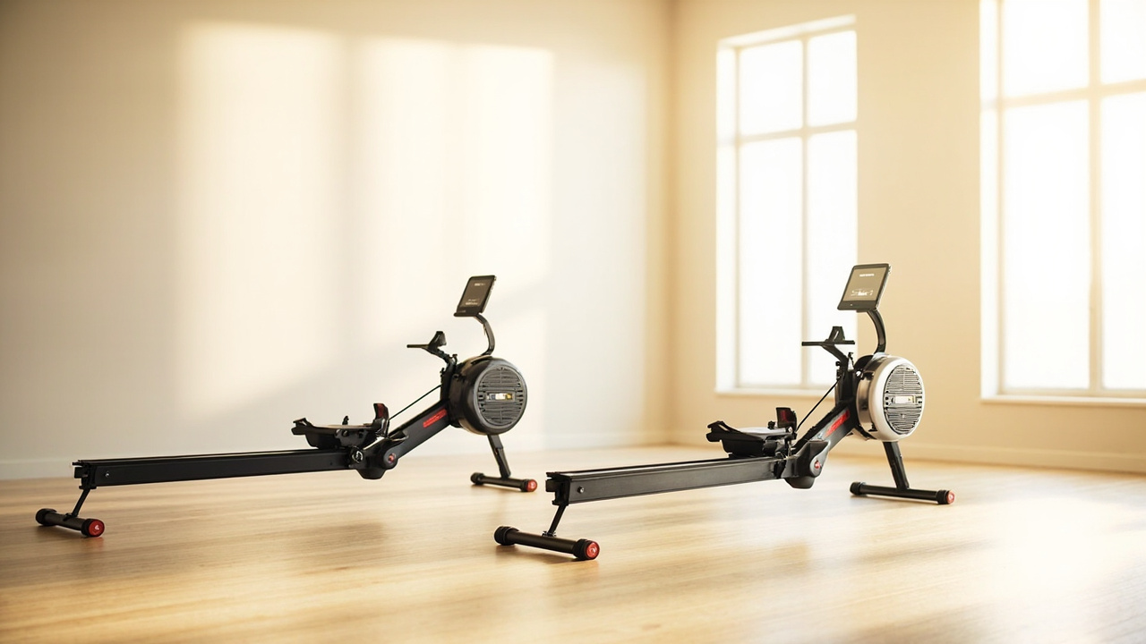Both rowing machines in a clean home gym setup, side by side with the same lighting, the Concept2 RowErg's monorail and PM5 monitor on the left and the Hydrow Wave's 16-inch touchscreen on the right, ready for their next workout
