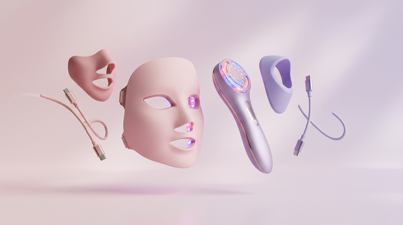 CurrentBody Skin LED Mask Series 2 and Dr. Dennis Gross DRx SpectraLite FaceWare Pro side by side on a vanity, soft warm lighting, no text, no logos, modern aesthetic
