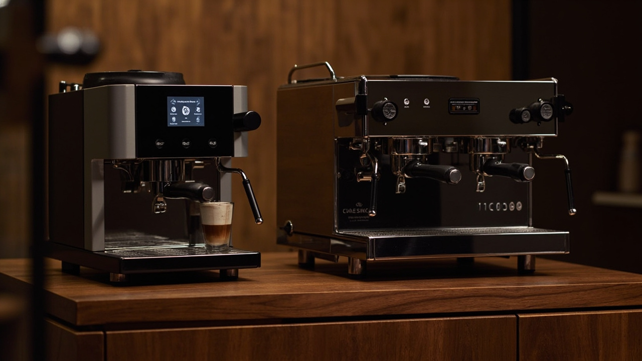 Two espresso machines side by side on a warm kitchen counter, one with a screen, one with analog paddle, soft side lighting, no text, no logos emphasized