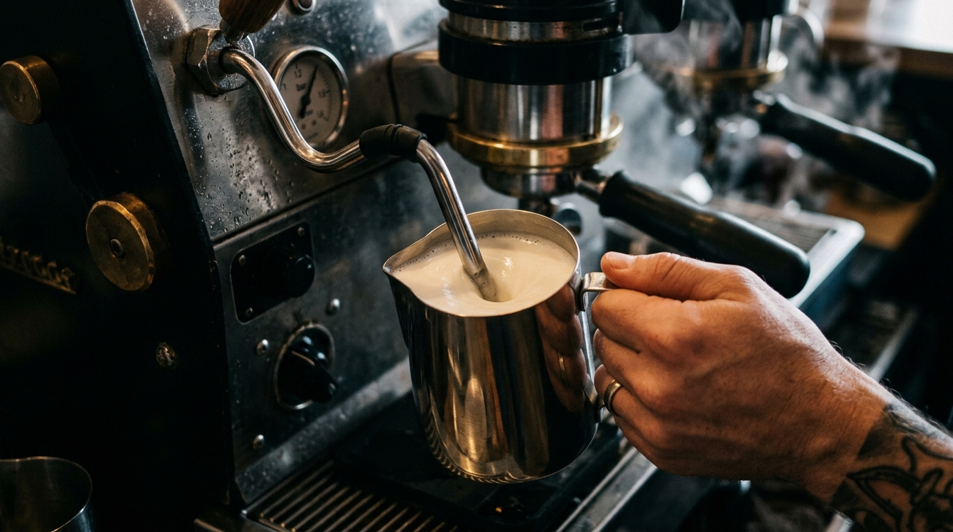 Two steam wands pouring milk into stainless jugs side by side, comparing steam pressure and texture, no text, no logos