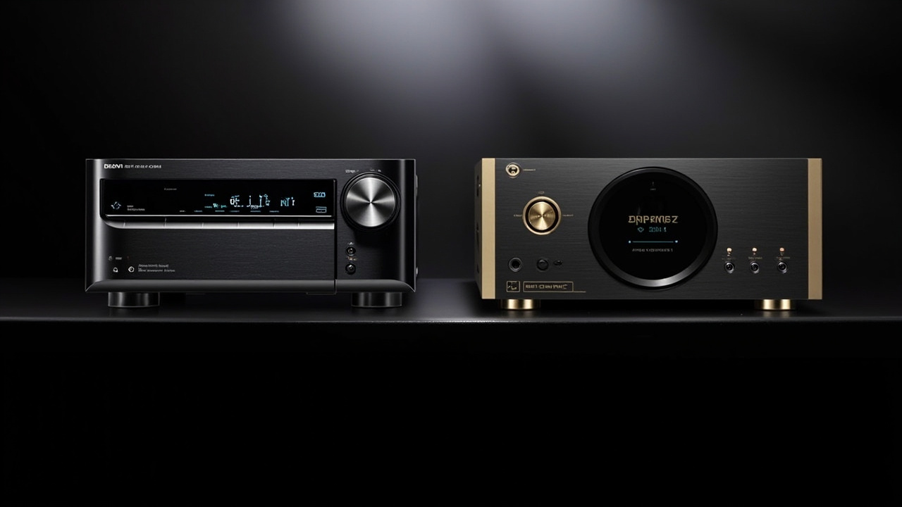 Two premium AV receivers side by side on a black AV rack, dramatic studio lighting