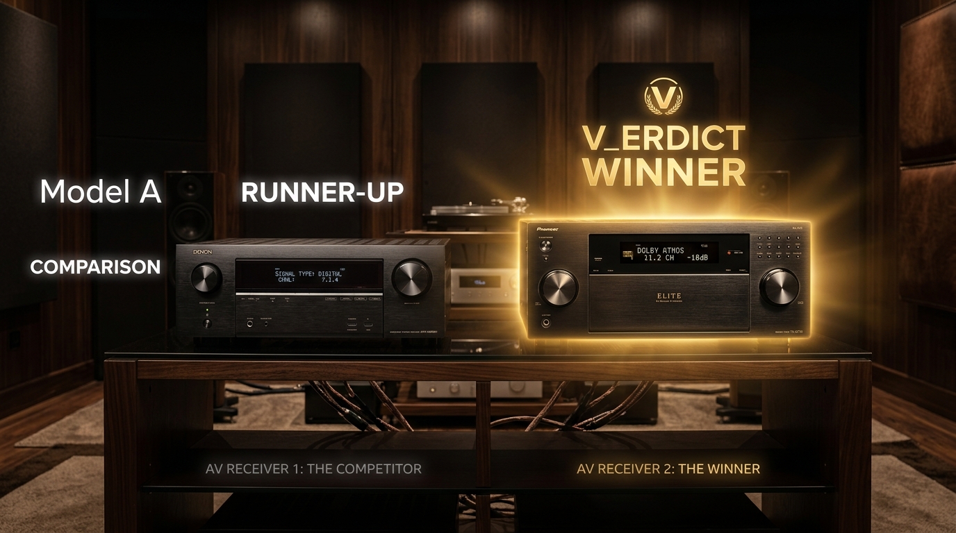 Verdict split-screen: Denon A10H on left with 13.4 channel badge, Marantz Cinema 30 on right with porthole display glow