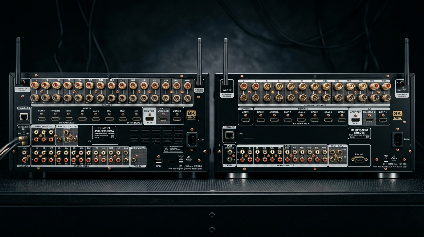 Internal architecture comparison: Denon transformer and circuit board vs Marantz HDAM module close-up