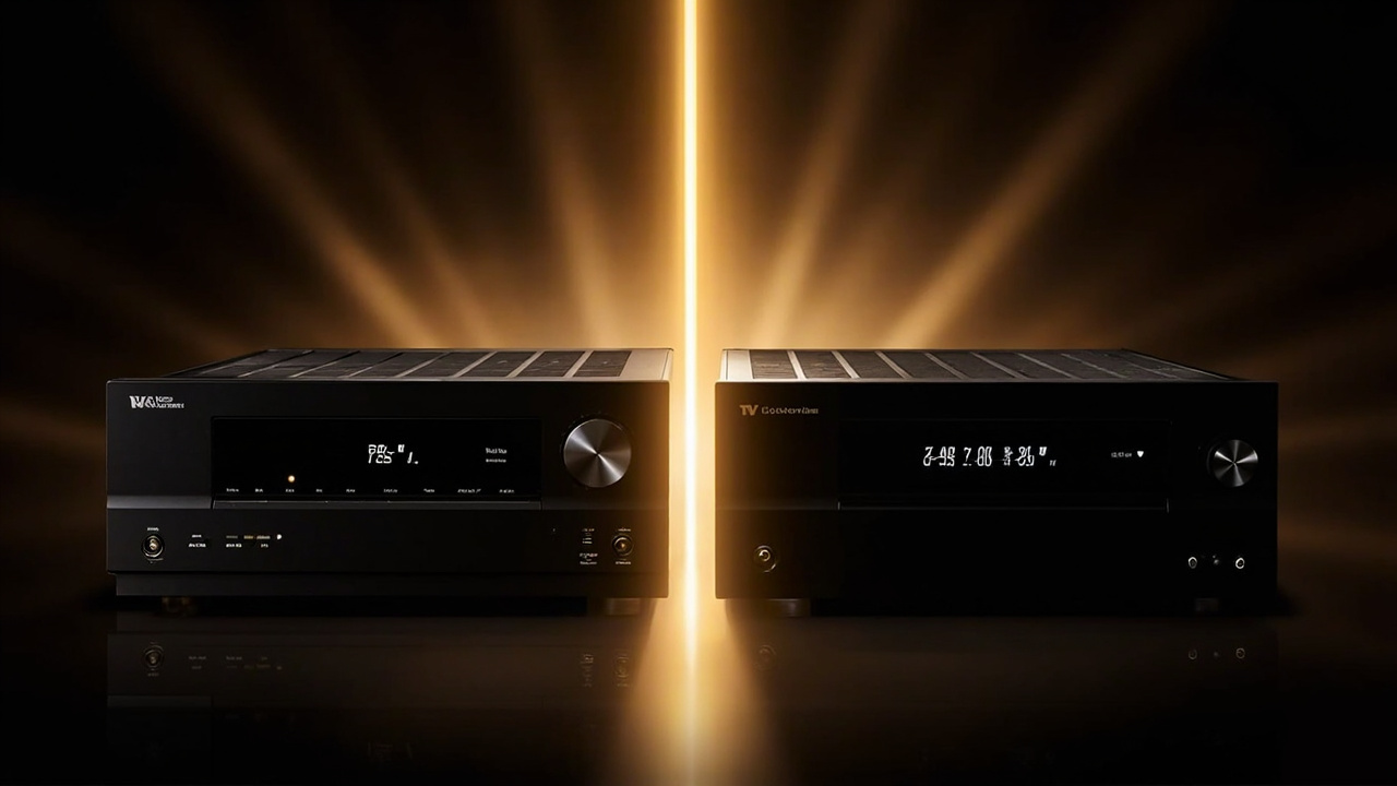 Verdict split-screen: Denon A10H on left with 13.4 channel badge, Marantz Cinema 40 on right with porthole display