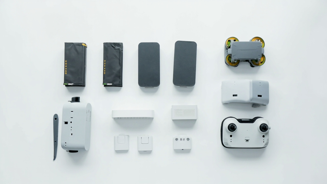 Two charging hubs, four batteries, two pairs of goggles, and one motion controller laid out on a desk