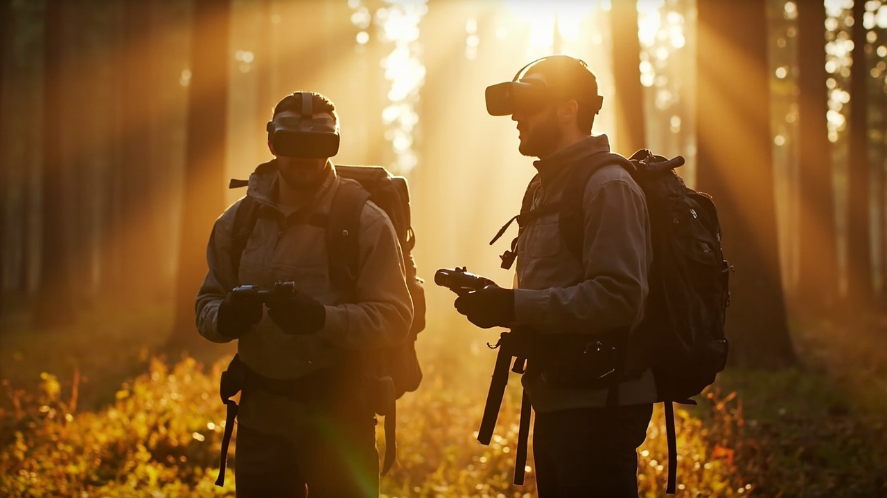 Two pilots in a forest clearing — one wearing DJI Goggles 3 with a DJI RC Motion 3, the other wearing Antigravity Vision Goggles with the Antigravity Motion Controller