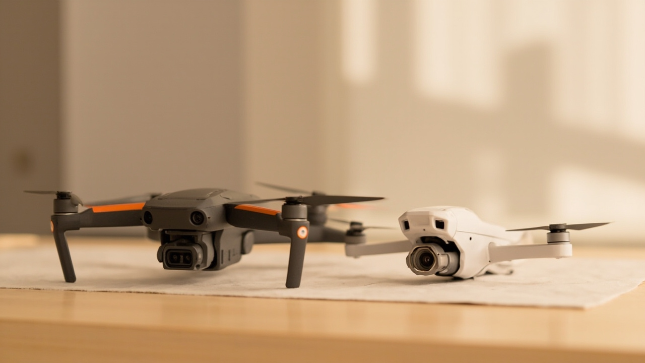 DJI Avata 360 and Insta360 Antigravity A1 placed side by side on a wooden table with their controllers