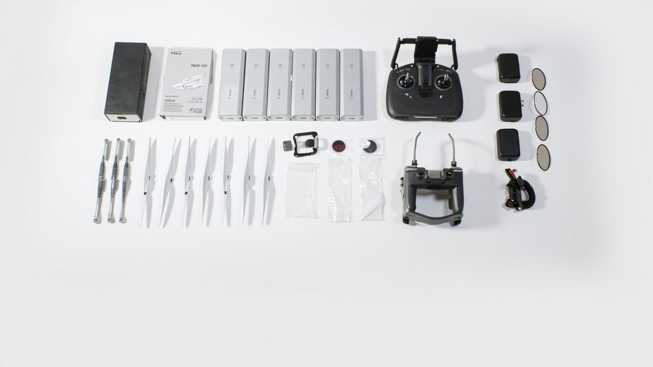 Drone accessory kits laid out — batteries, propellers, ND filters, charging hub