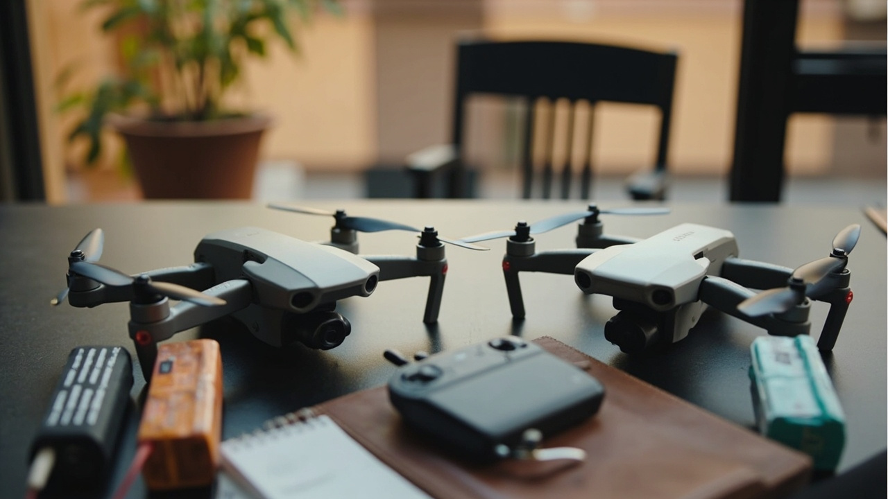 Final comparison frame: DJI Mavic 4 Pro and Air 3S on a desk with batteries, controller, and a notebook showing flight log