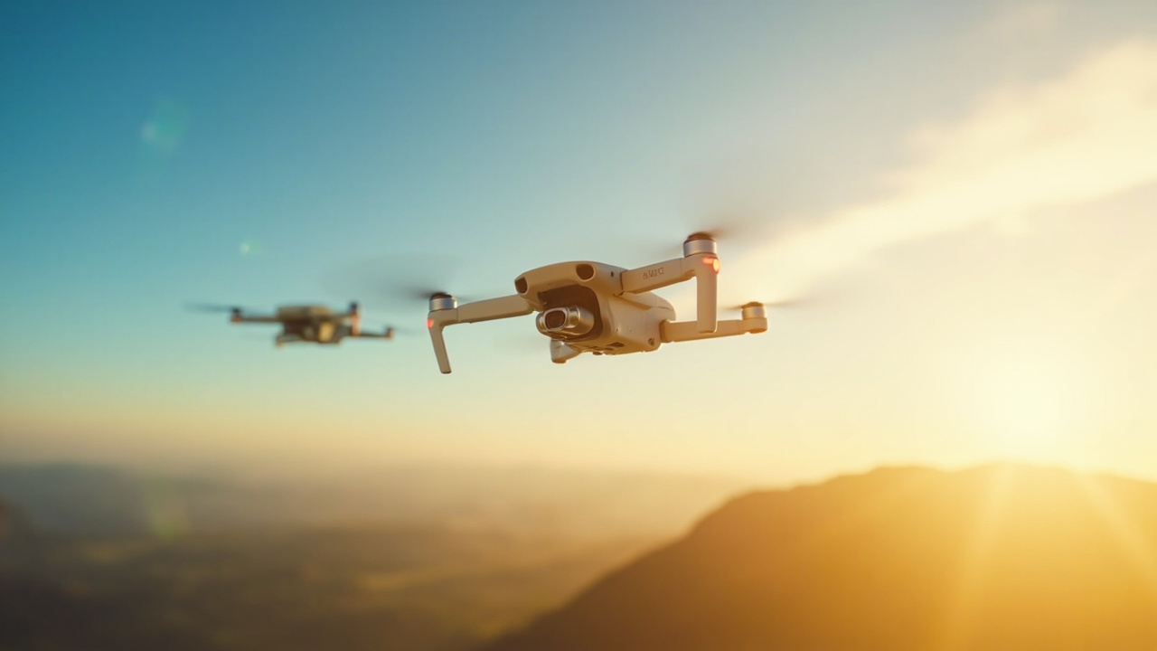 Side-by-side DJI Mavic 4 Pro and Air 3S in flight over a landscape at golden hour